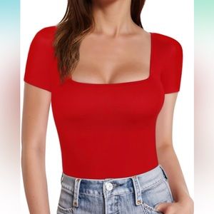 Short Sleeve Square Neck Top - Red